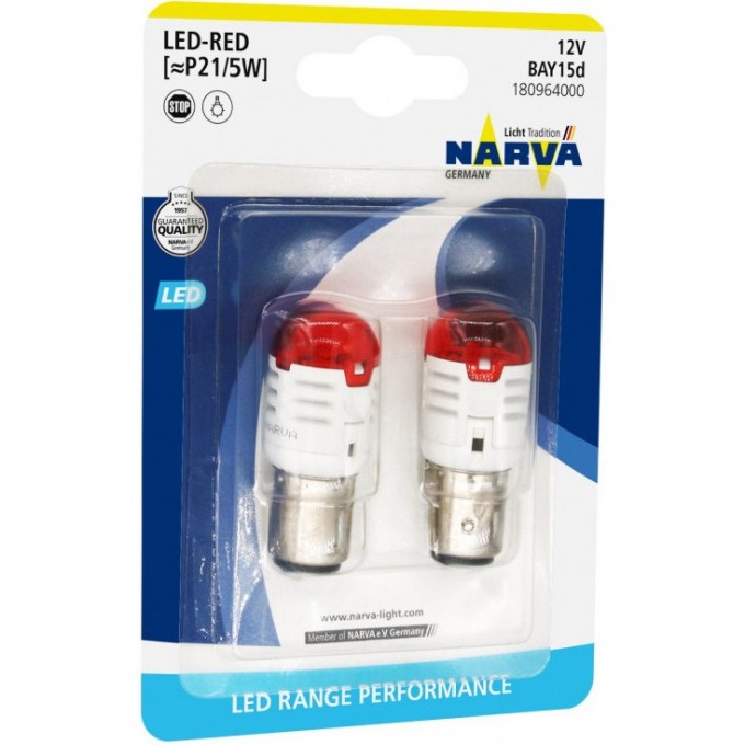 Лампа NARVA P21-5 LED 12V 0.8W/1.75W B2 BAY15d red 2шт. 82278433