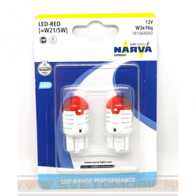 Лампа NARVA RANGE PERFORMANCE LED W21W U30R 12V W3x16d red 2 шт. 47582221